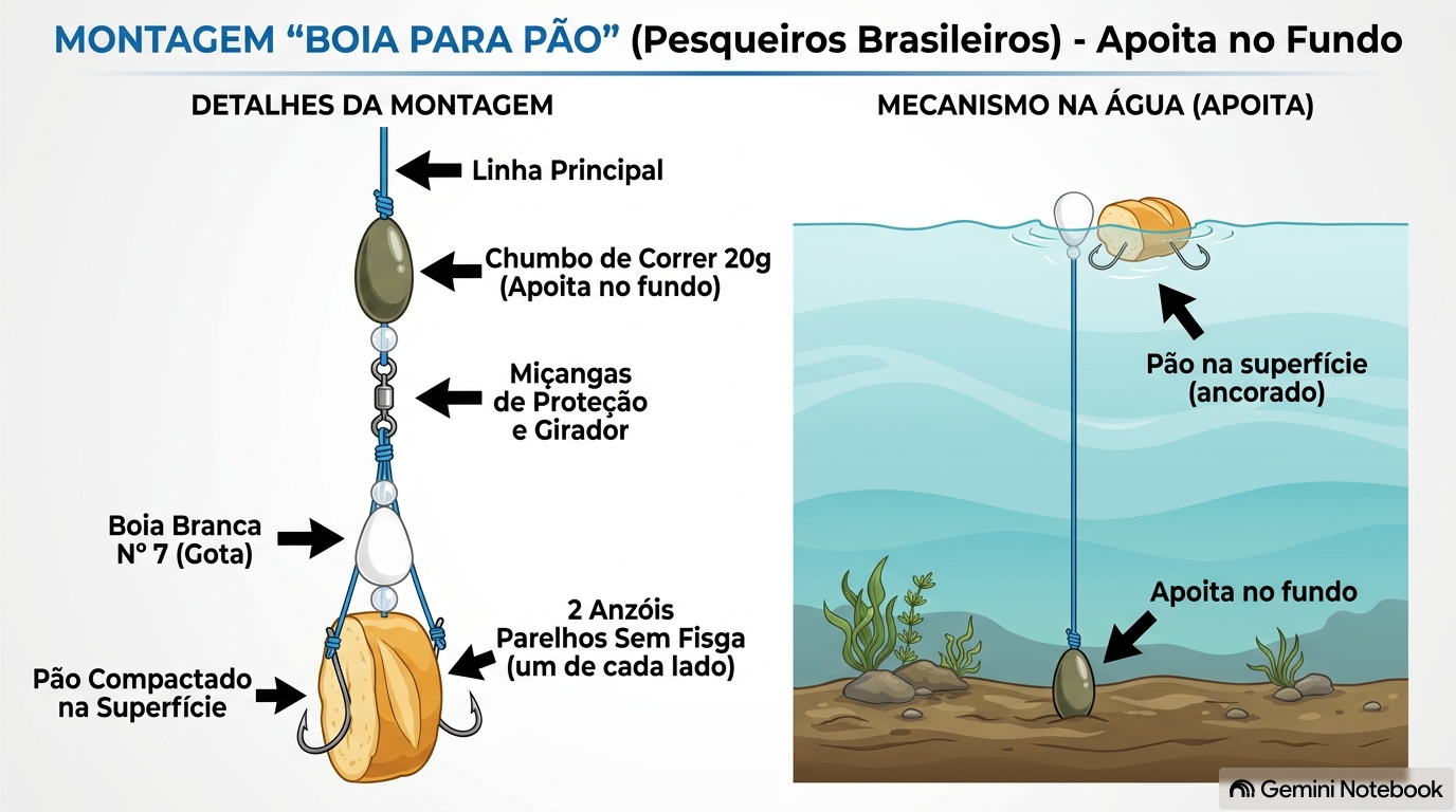 Diagrama da montagem boia para pão: linha principal, chumbo de correr de 20g, miçangas de proteção, girador, boia branca nº7 e dois anzóis parelhos sem fisga presos no pão compactado