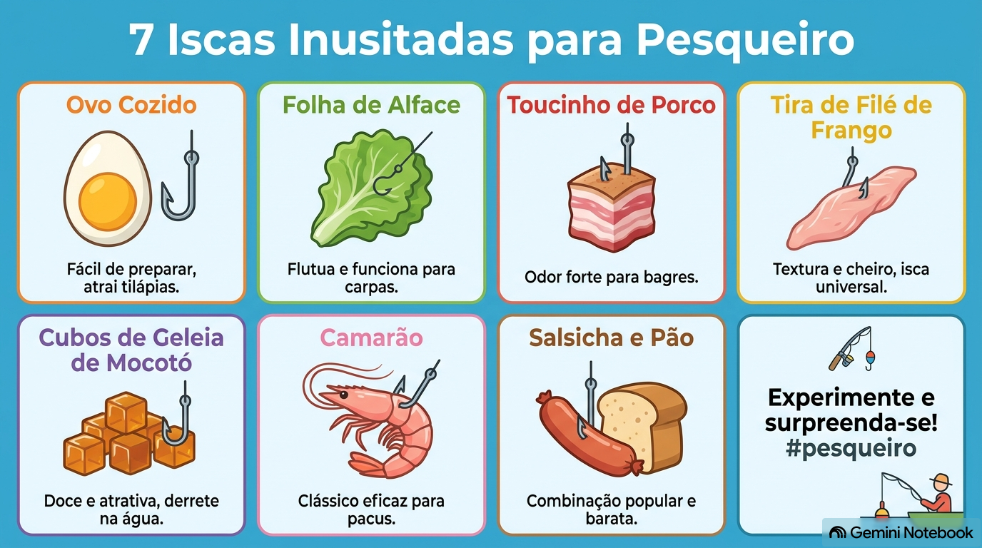Infográfico com 7 iscas inusitadas para pesqueiro: ovo cozido, folha de alface, toucinho de porco, tira de filé de frango, cubos de geleia de mocotó, camarão e salsicha com pão